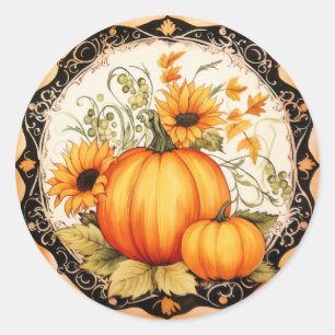 Pegatina Redonda Floral de calabazas de Naranja de otoño