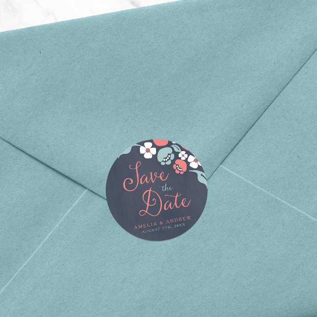 Pegatina Redonda Floral de cartón azul salva la fecha (Subido por el creador)