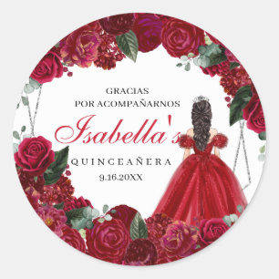 Pegatina Redonda Floral de color rojo y plata Quinceanera Classic R