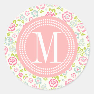 Pegatina Redonda Floral de color rosa y azul crudo personalizada