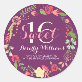 Pegatina Redonda Floral De Colorido Sobre Dulce Morado 16
