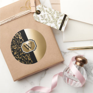 Pegatina Redonda Floral de cosecha negra y dorada