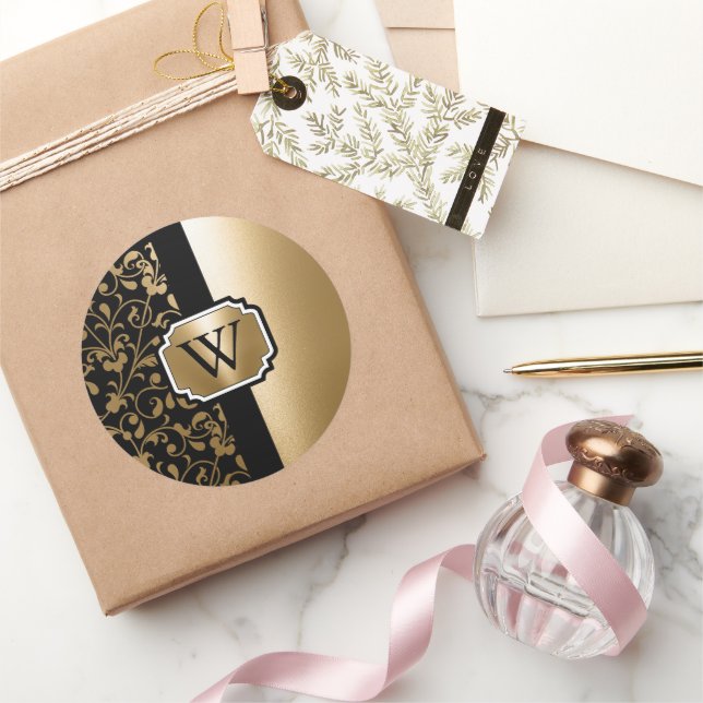 Pegatina Redonda Floral de cosecha negra y dorada (Regalar)