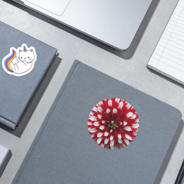 Pegatina Redonda Floral de Dahlia roja y blanca (In Situ Book)