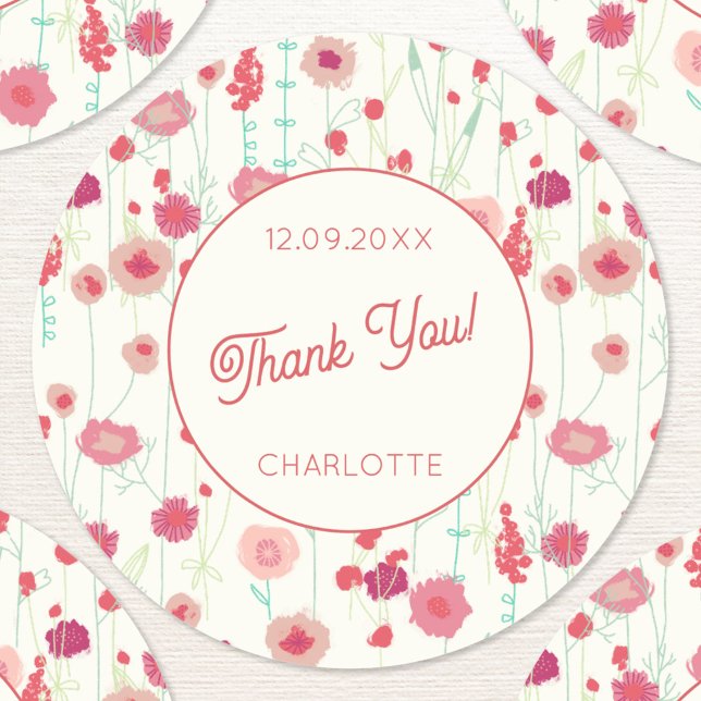 Pegatina Redonda Floral de flores silvestres Gracias Fecha Nombre (Wildflower personalized name date custom text thank you sticker)