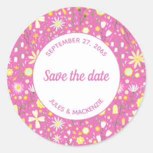 Pegatina Redonda Floral de flores silvestres rosadas botánicas salv