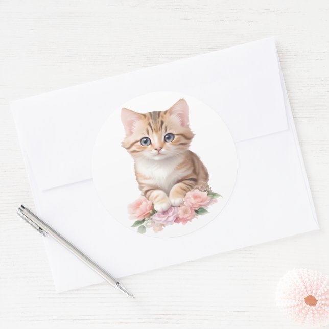 Pegatina Redonda Floral de gato suave y caprichoso florecimiento fe (Sobre)