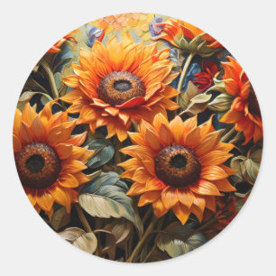 Pegatina Redonda Floral de girasol vibrante