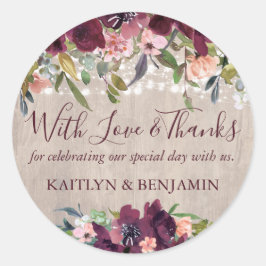 Pegatina Redonda Floral de madera rústica Luces Boda Amor y Gracias