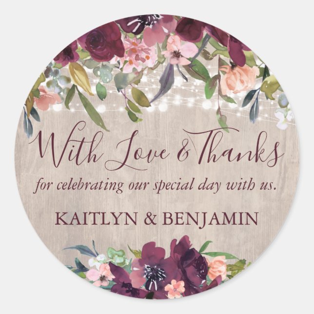 Pegatina Redonda Floral de madera rústica Luces Boda Amor y Gracias (Anverso)