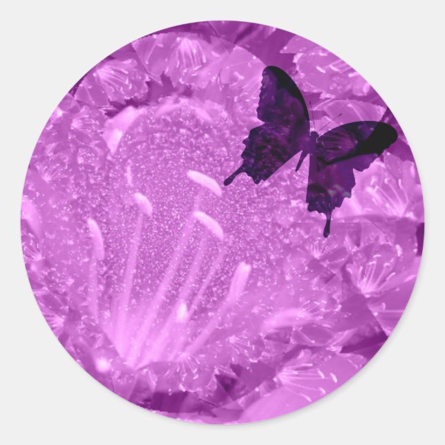 Pegatina redonda floral de mariposa morada (Anverso)