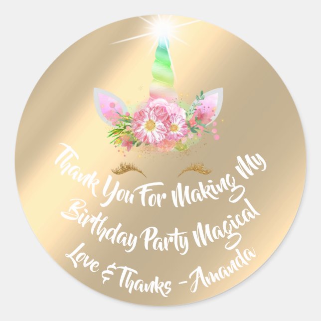 Pegatina Redonda Floral de oro de arcoiris rosa unicornio (Anverso)