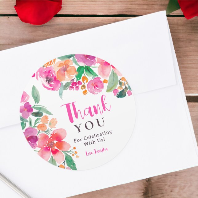 Pegatina Redonda Floral de otoño rosa caliente brillante gracias a  (Bright hot pink fall floral thanks bridal shower classic round sticker)