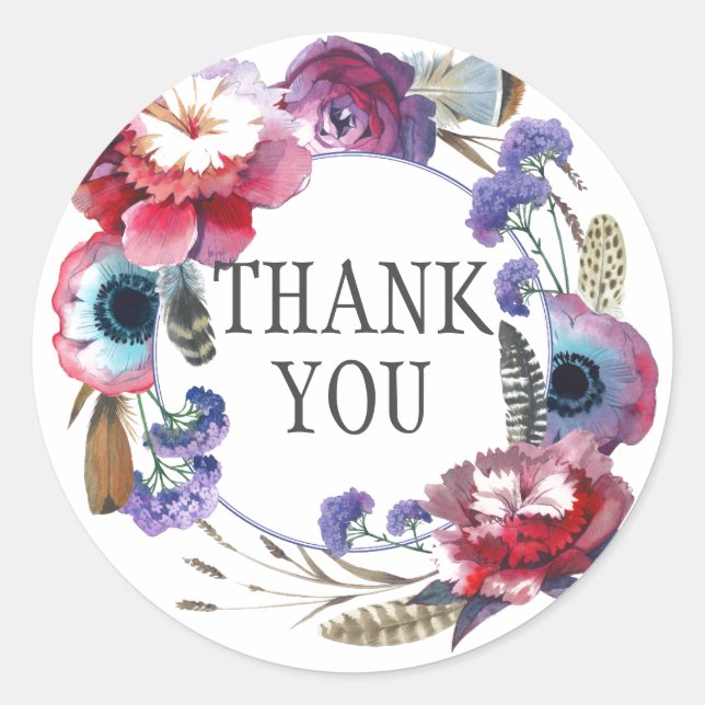 Pegatina Redonda Floral de peonía silvestre con plumas | Gracias (Anverso)