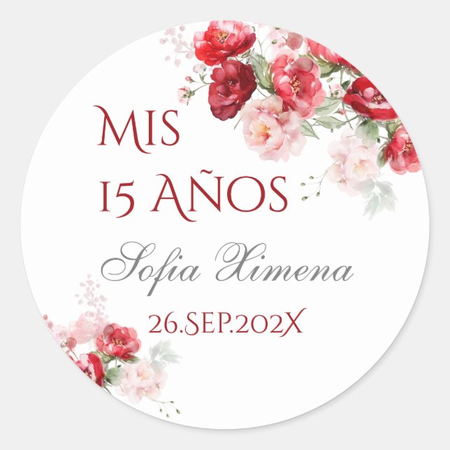 Pegatina Redonda Floral de Quinceañera (Anverso)