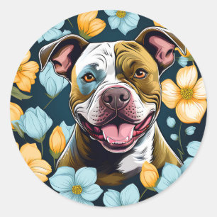 Pegatina Redonda Floral de Staffordshire Bull Terrier