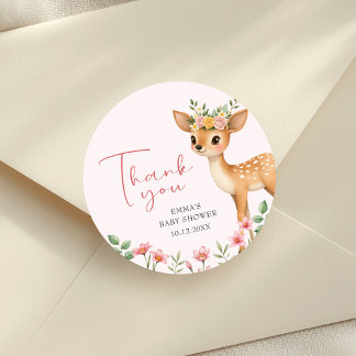 Pegatina Redonda Floral Deer Baby Girl Shower Gracias