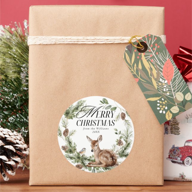 Pegatina Redonda Floral Deer Elegant Modern Feliz Navidad (Vacaciones)