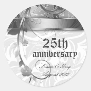 Pegatina Redonda Floral del 25° Aniversario de Plata