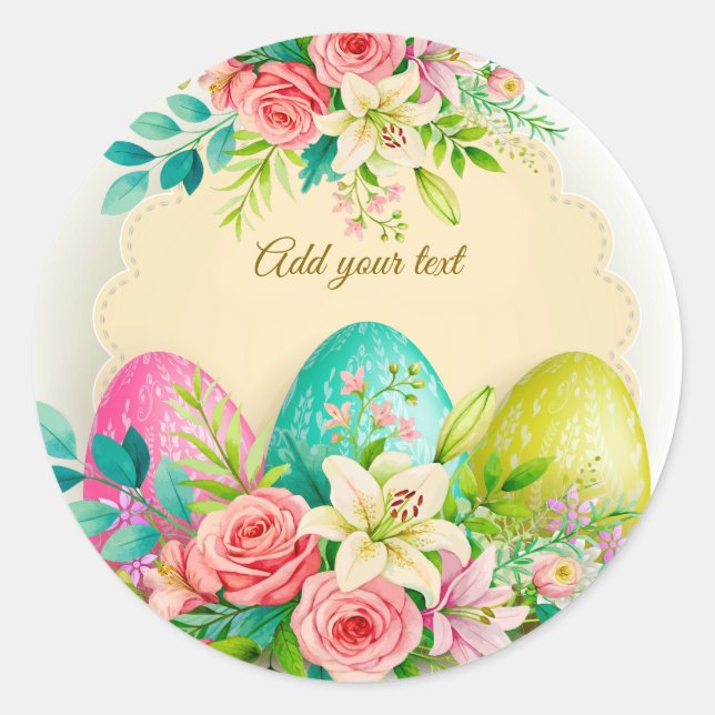 Pegatina Redonda Floral Easter Eggs & Spring Roses Personalized (Anverso)