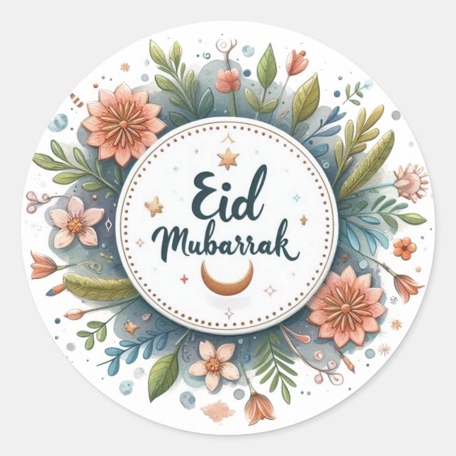 Pegatina Redonda Floral Eid Mubarak (Anverso)