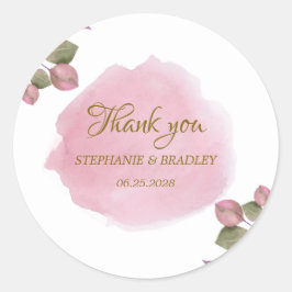 Pegatina Redonda Floral Elegante Moderno Boda Rosa Rubor Gracias