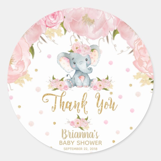 Pegatina Redonda Floral Elephant Baby Shower Gracias (Anverso)