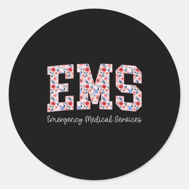 Pegatina Redonda Floral Ems Emergency Medical Services Emt Wildflow (Anverso)