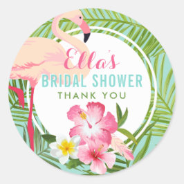 Pegatina Redonda Floral Floral Bridal Shower Flamingo Rosa Tropical