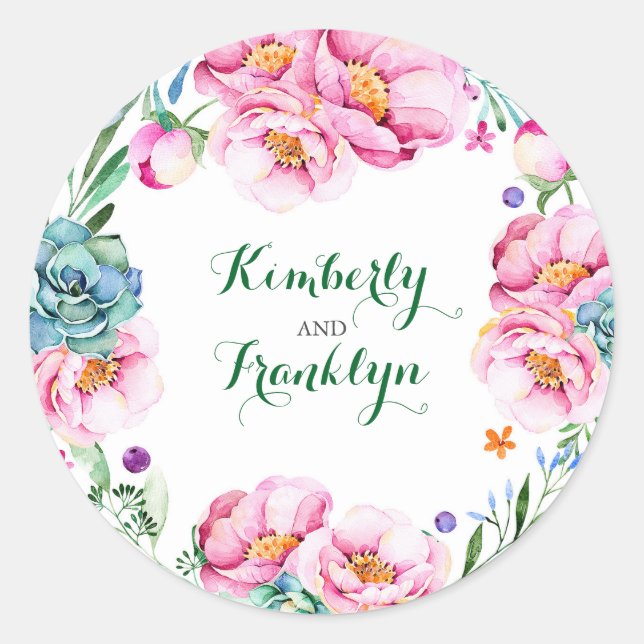 Pegatina Redonda floral floral moderna acuarela boda (Anverso)