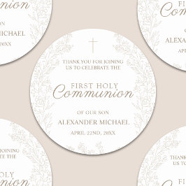 Pegatina Redonda Floral Flowers Christian Cross Baptism Thank You