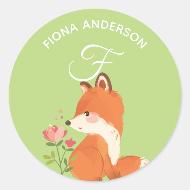 Pegatina Redonda Floral Fox ・ Alphabet Monogram Cute School Daycare (Anverso)