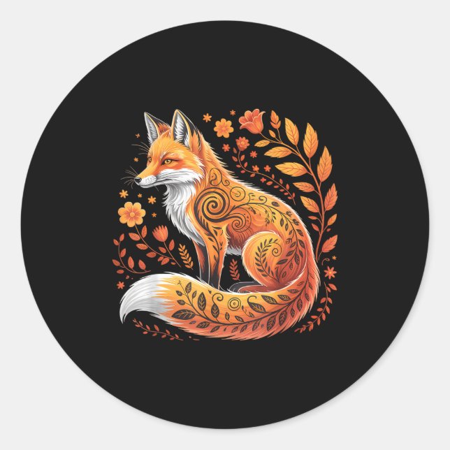 Pegatina Redonda Floral Fox Flowers Art Fox In Autumn - Fall Fox  (Anverso)