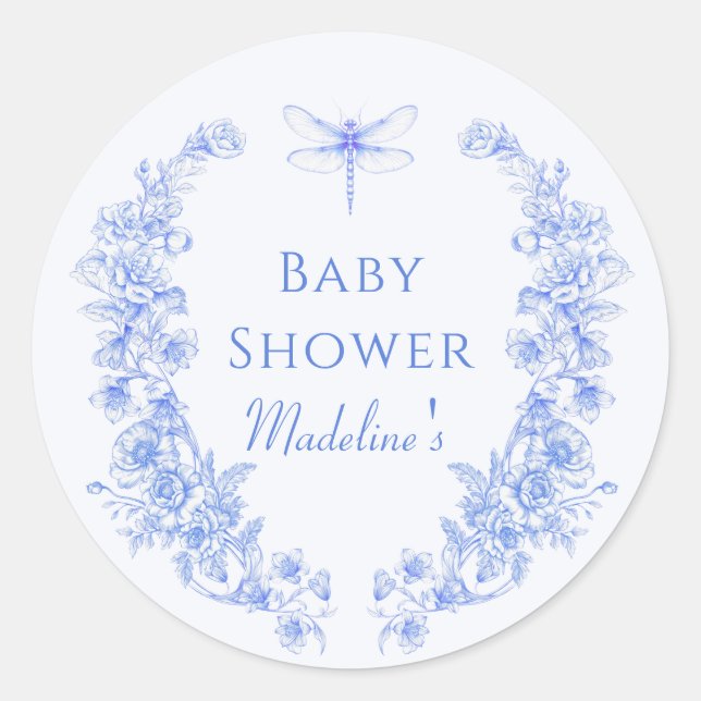 Pegatina Redonda Floral francesa algo azul Dragonfly Baby Shower (Anverso)