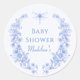 Pegatina Redonda Floral francesa algo azul Dragonfly Baby Shower