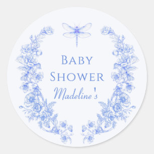 Pegatina Redonda Floral francesa algo azul Dragonfly Baby Shower
