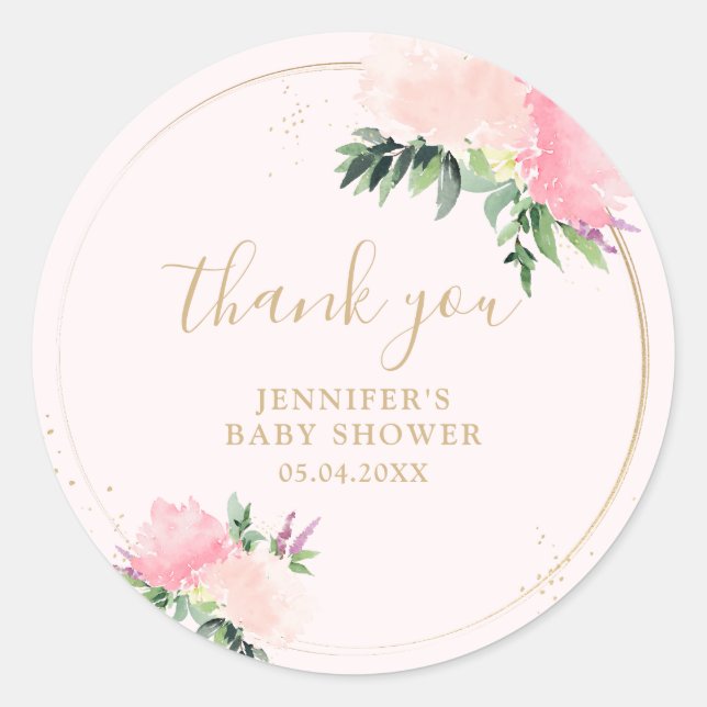 Pegatina Redonda Floral Gold Baby Shower (Anverso)