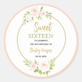 Pegatina Redonda Floral Gold Script Sweet Sixteen Birthday