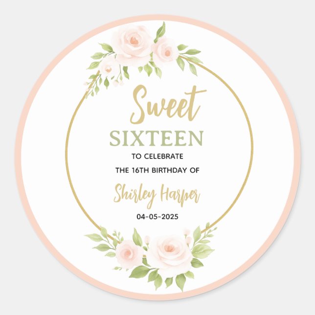 Pegatina Redonda Floral Gold Script Sweet Sixteen Birthday  (Anverso)