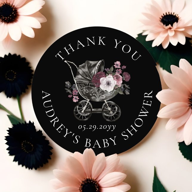 Pegatina Redonda Floral Gothic Stroller Black Gracias Baby Shower (Floral Gothic Stroller Black Thank You Baby Shower Classic Round Sticker)
