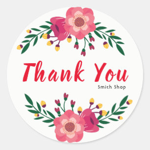 Pegatina Redonda Floral Gracias Nombre personalizado Negocios Acció