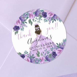 Pegatina Redonda Floral Gracias Purple Quinceanera