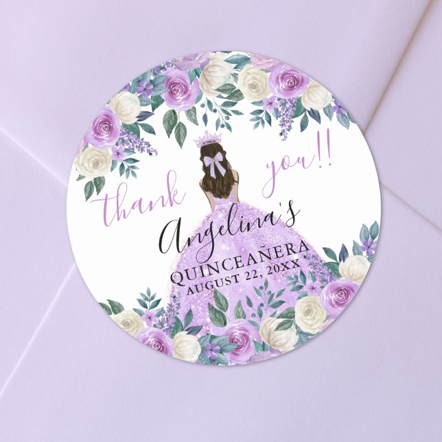 Pegatina Redonda Floral Gracias Purple Quinceanera (Floral Thank You Purple Quinceanera Classic Round Sticker)