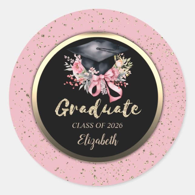 Pegatina Redonda Floral Grad Cap Pink Bow Confetti   (Anverso)