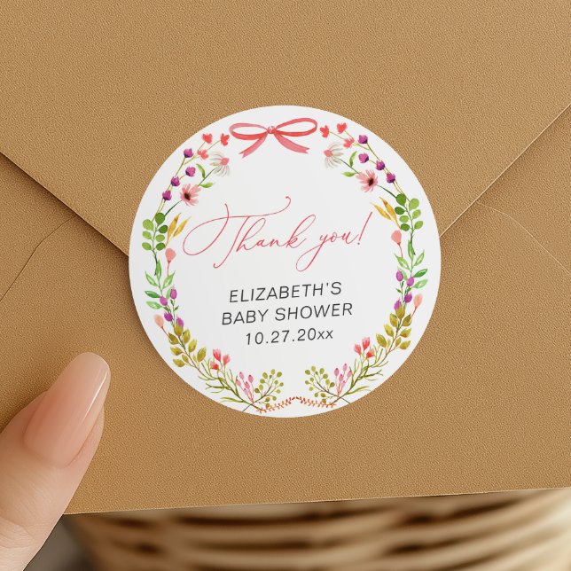 Pegatina Redonda Floral Greeneration Pink Bow Baby Shower (Subido por el creador)