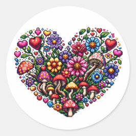 Pegatina Redonda Floral Heart Pixel Art