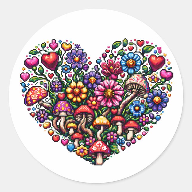 Pegatina Redonda Floral Heart Pixel Art (Anverso)