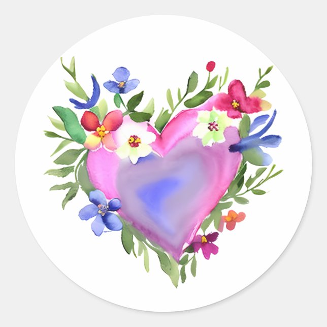 Pegatina Redonda Floral Heart Wreath | Acuarela Pastel (Anverso)