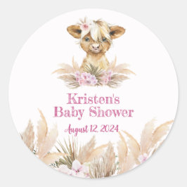 Pegatina Redonda Floral Highland Cow Baby Shower
