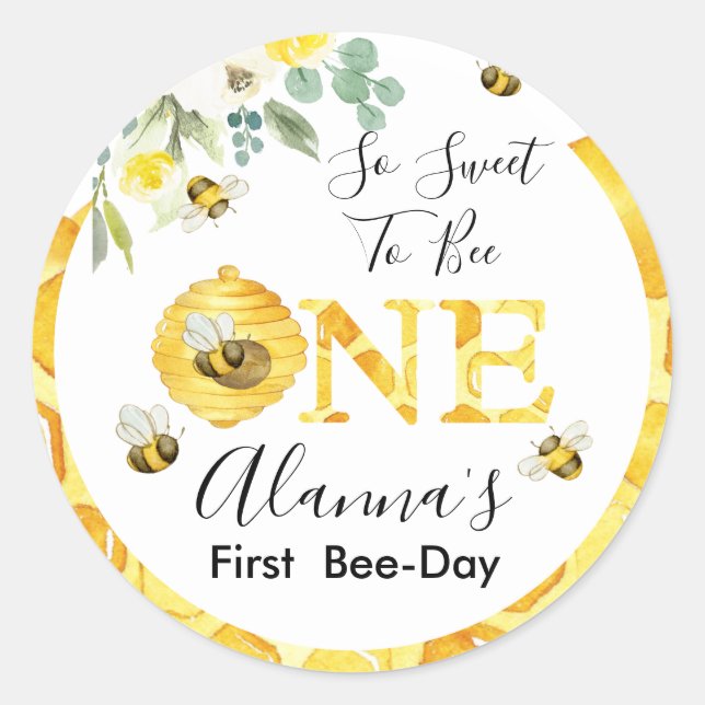 Pegatina Redonda Floral Honey Bee First Bee Day Favor (Anverso)